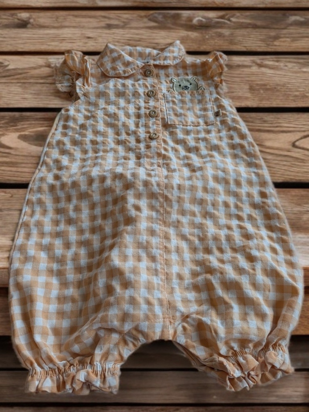 BearPaw Tan & White Gingham Baby Romper with Bear Patch